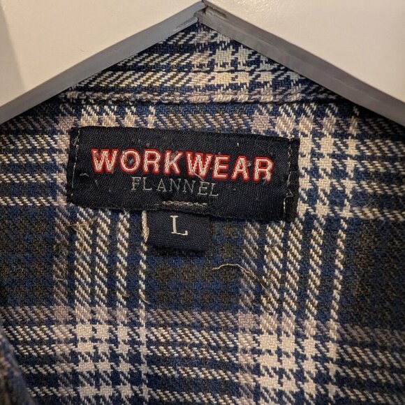 Workwear Flannel Shirt Blue White Plaid Heavy Duty Warm Fall Winter - Size L - Picture 6 of 8